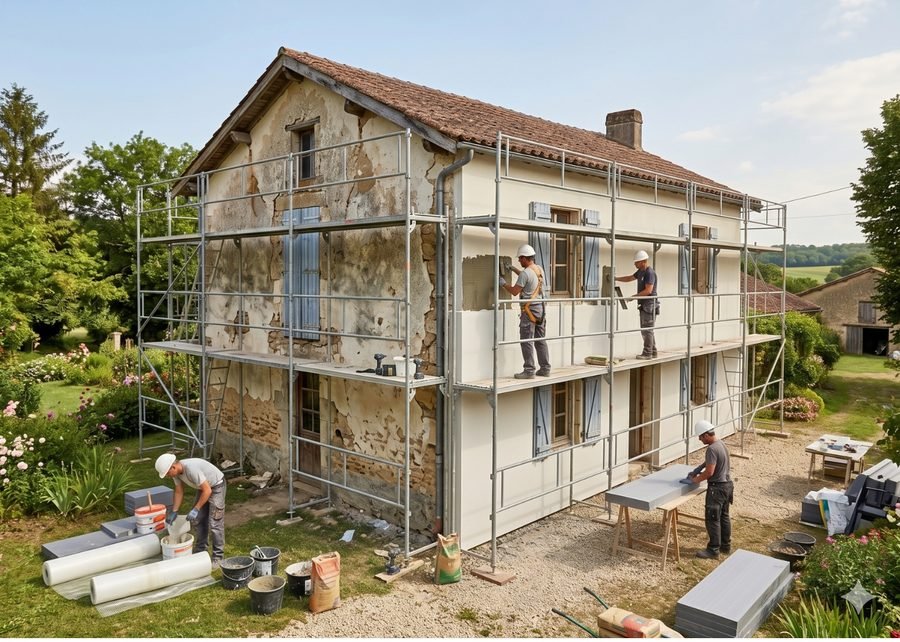 Chantier de rénovation par isolation thermique extérieure